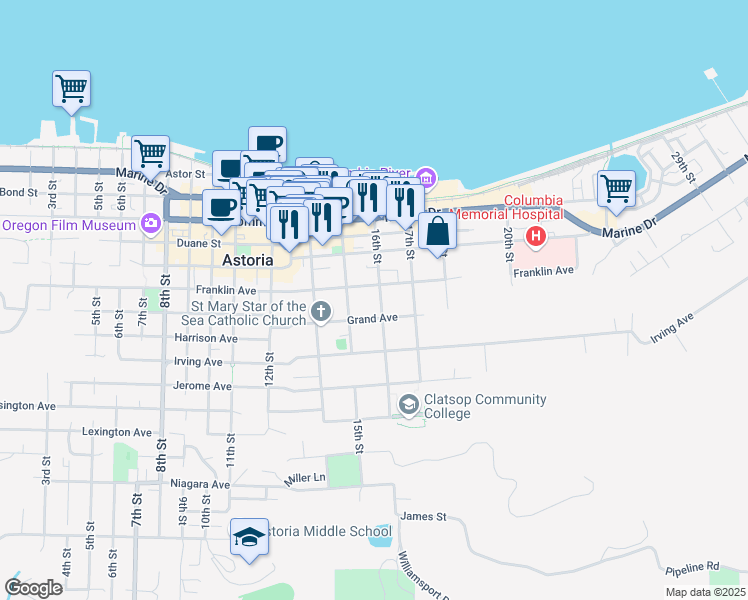 map of restaurants, bars, coffee shops, grocery stores, and more near 637 16th Street in Astoria
