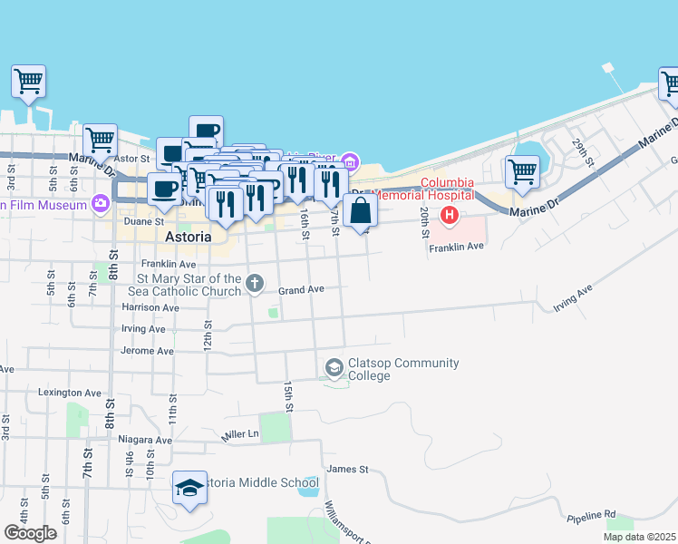 map of restaurants, bars, coffee shops, grocery stores, and more near 17th Street in Astoria
