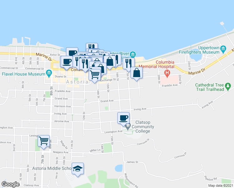 map of restaurants, bars, coffee shops, grocery stores, and more near 637 16th Street in Astoria