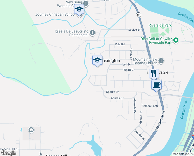 map of restaurants, bars, coffee shops, grocery stores, and more near 105 Radcliffe Road in Kelso