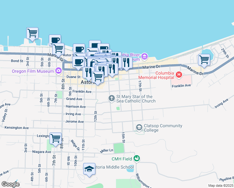 map of restaurants, bars, coffee shops, grocery stores, and more near 627 15th Street in Astoria