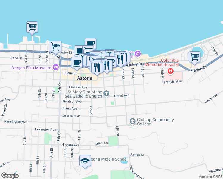 map of restaurants, bars, coffee shops, grocery stores, and more near 627 15th Street in Astoria