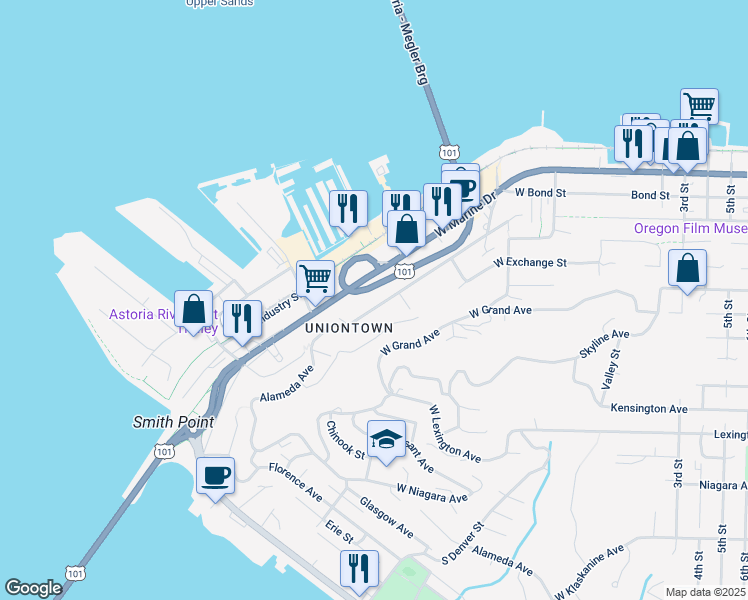 map of restaurants, bars, coffee shops, grocery stores, and more near 370 Alameda Avenue in Astoria