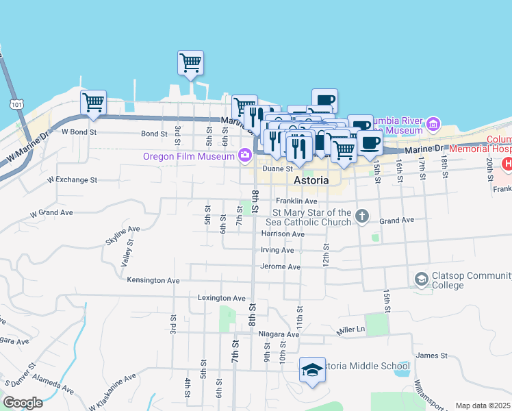 map of restaurants, bars, coffee shops, grocery stores, and more near 653 9th Street in Astoria