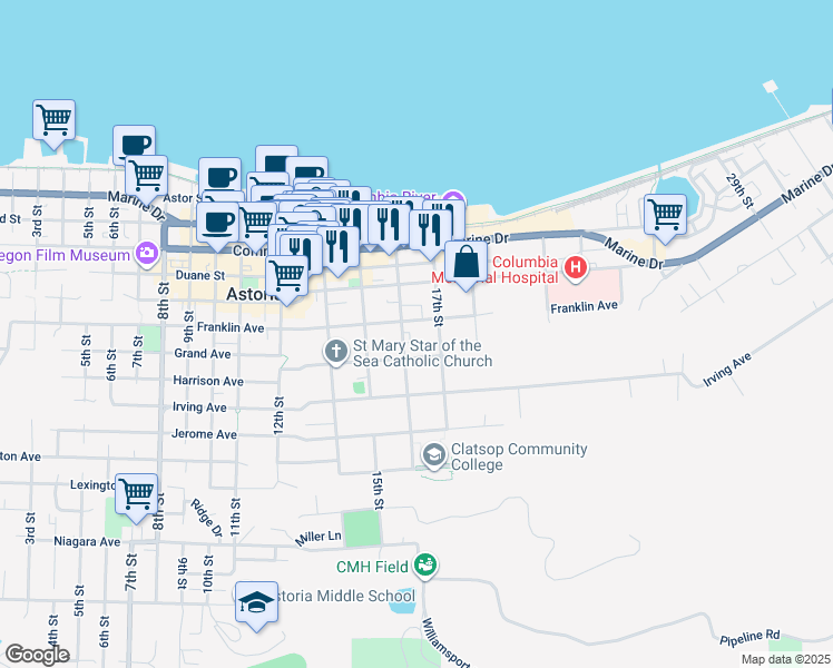 map of restaurants, bars, coffee shops, grocery stores, and more near 1626 Grand Avenue in Astoria