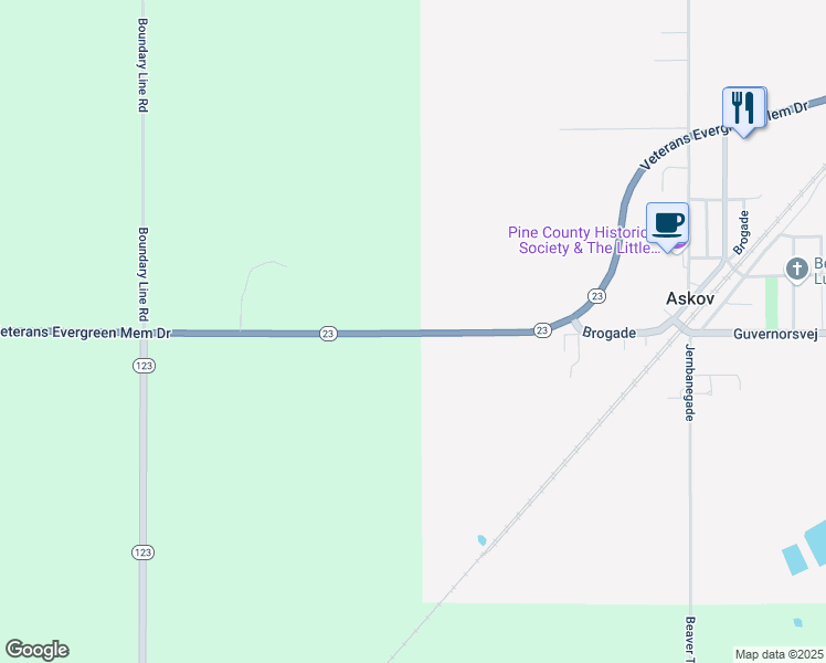 map of restaurants, bars, coffee shops, grocery stores, and more near 3402 Minnesota 23 in Askov