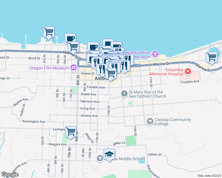 map of restaurants, bars, coffee shops, grocery stores, and more near 1289 Franklin Avenue in Astoria