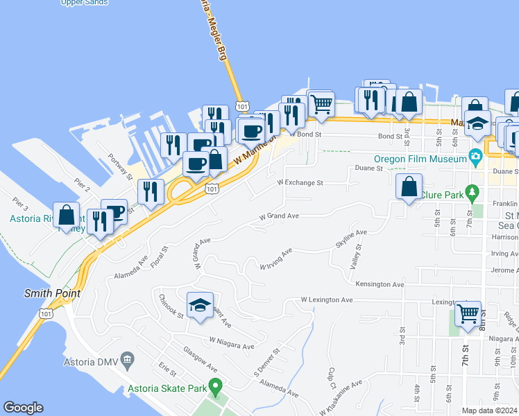 map of restaurants, bars, coffee shops, grocery stores, and more near 349 Melbourne Avenue in Astoria