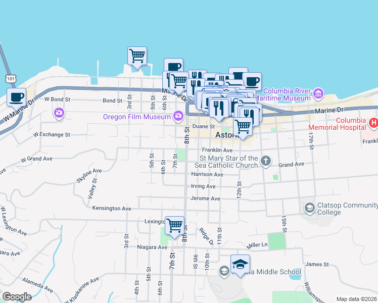 map of restaurants, bars, coffee shops, grocery stores, and more near 811 Franklin Avenue in Astoria
