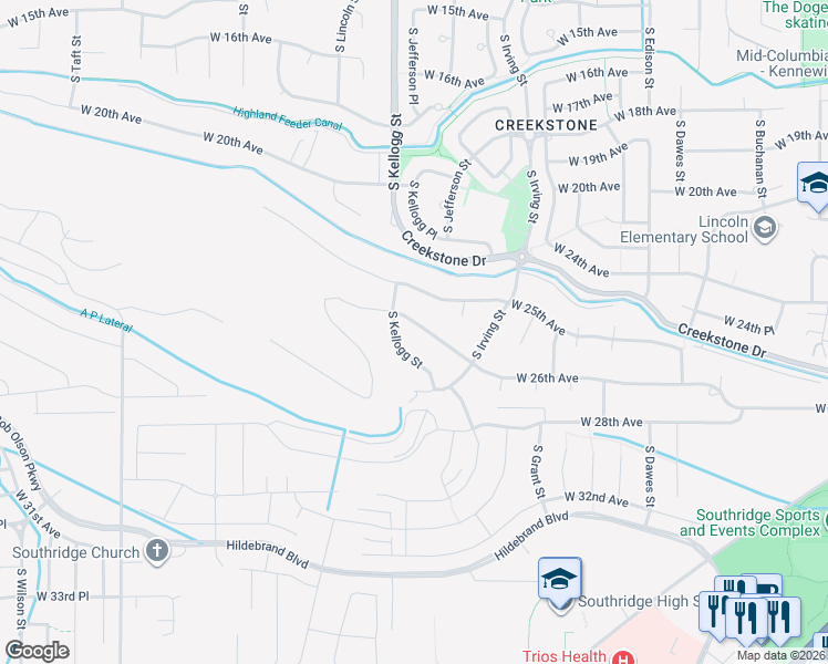 map of restaurants, bars, coffee shops, grocery stores, and more near 2617 South Kellogg Street in Kennewick