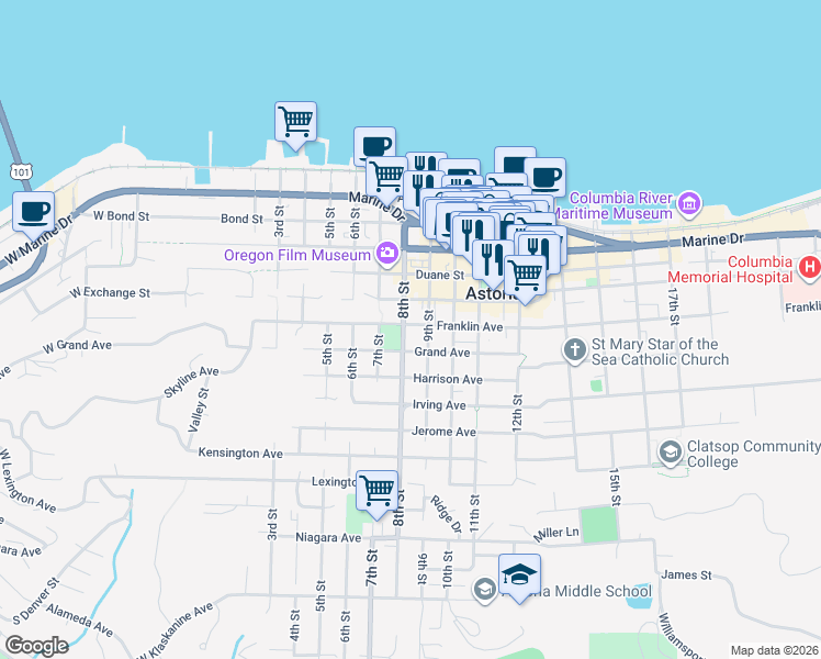 map of restaurants, bars, coffee shops, grocery stores, and more near 653 9th Street in Astoria