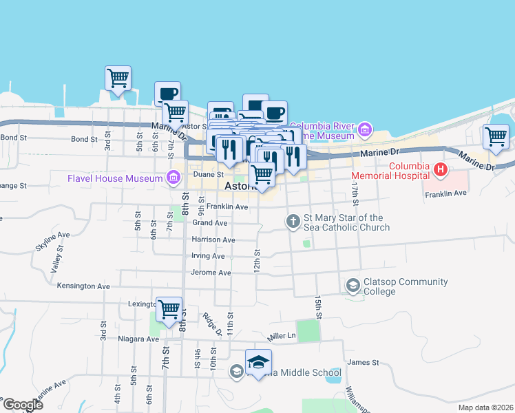map of restaurants, bars, coffee shops, grocery stores, and more near 1154 Grand Avenue in Astoria