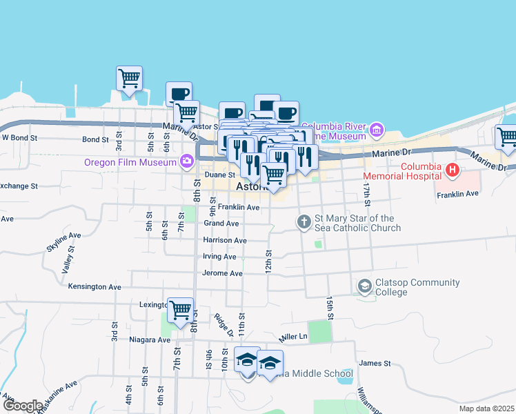 map of restaurants, bars, coffee shops, grocery stores, and more near 1154 Grand Avenue in Astoria