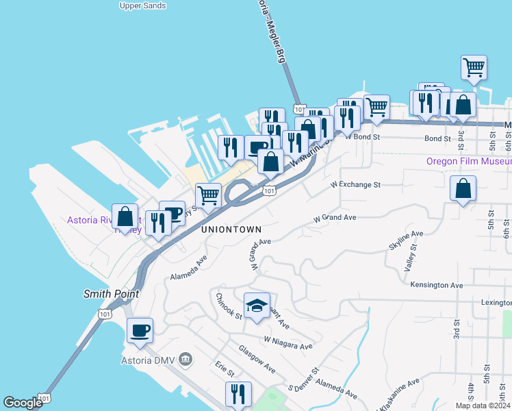map of restaurants, bars, coffee shops, grocery stores, and more near 361 Alameda Avenue in Astoria