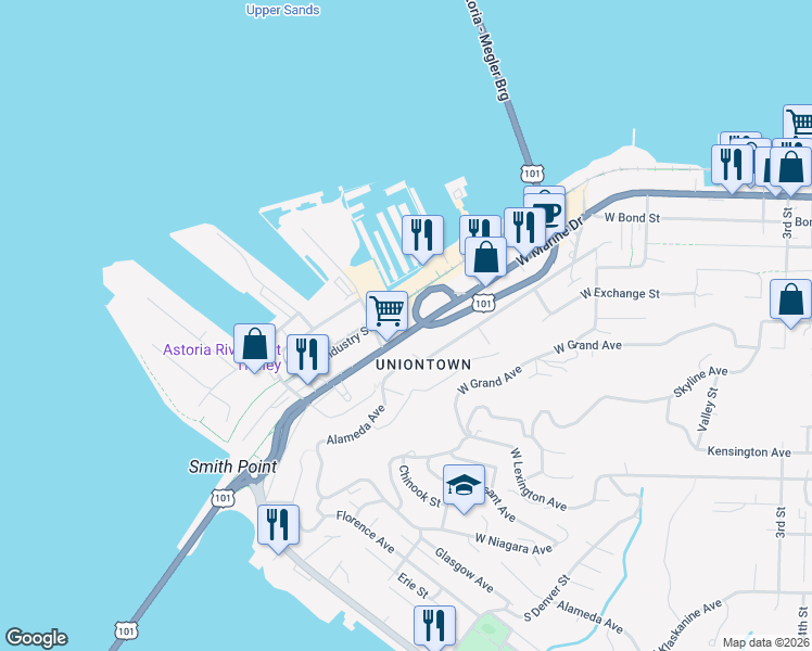 map of restaurants, bars, coffee shops, grocery stores, and more near 386 U.S. 101 in Astoria