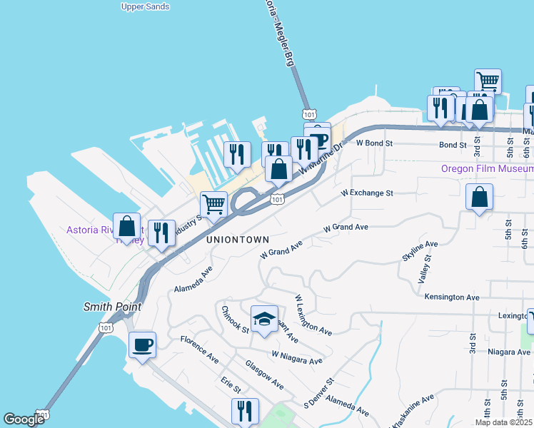 map of restaurants, bars, coffee shops, grocery stores, and more near 352 Alameda Avenue in Astoria