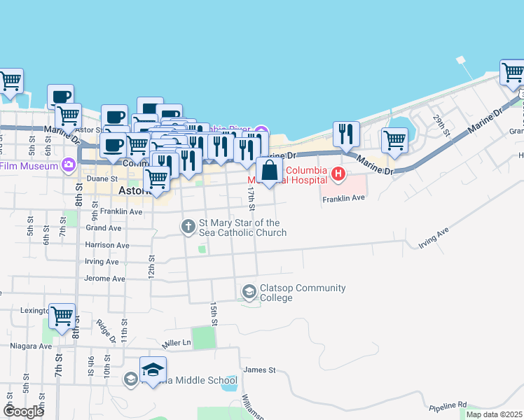 map of restaurants, bars, coffee shops, grocery stores, and more near 1766 Grand Avenue in Astoria