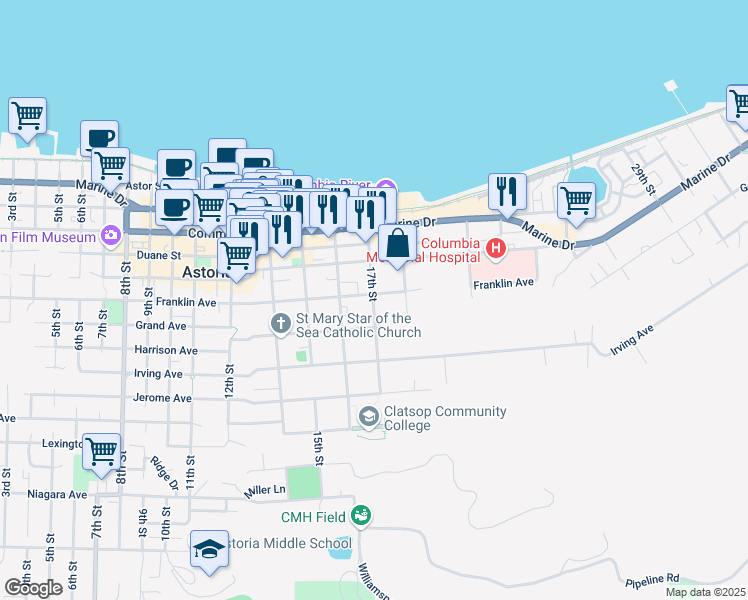 map of restaurants, bars, coffee shops, grocery stores, and more near 17th Street in Astoria