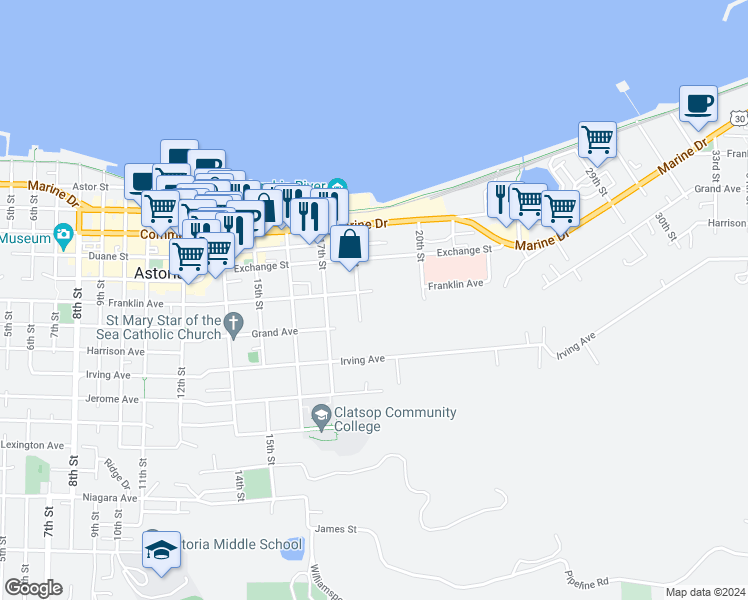 map of restaurants, bars, coffee shops, grocery stores, and more near 1847 Franklin Avenue in Astoria