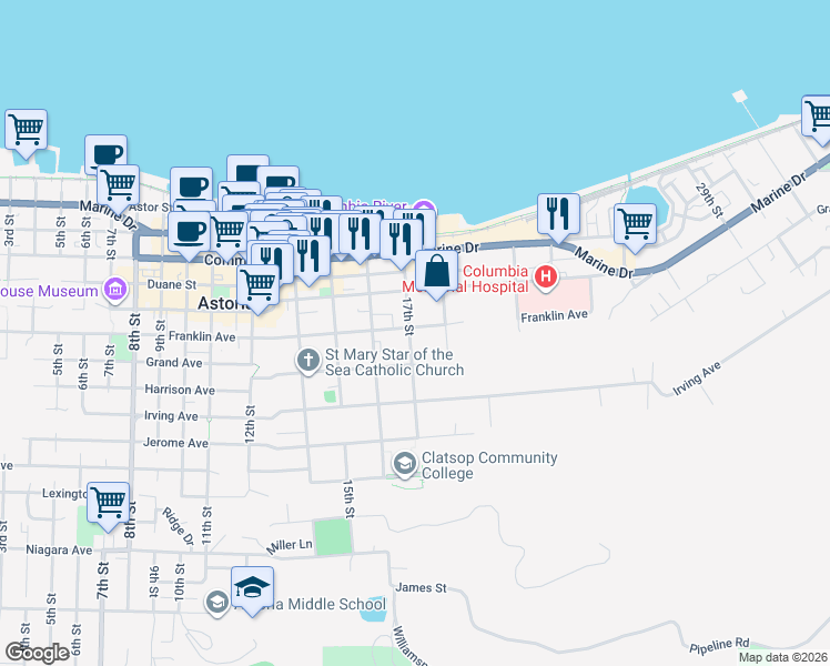map of restaurants, bars, coffee shops, grocery stores, and more near 1766 Grand Avenue in Astoria