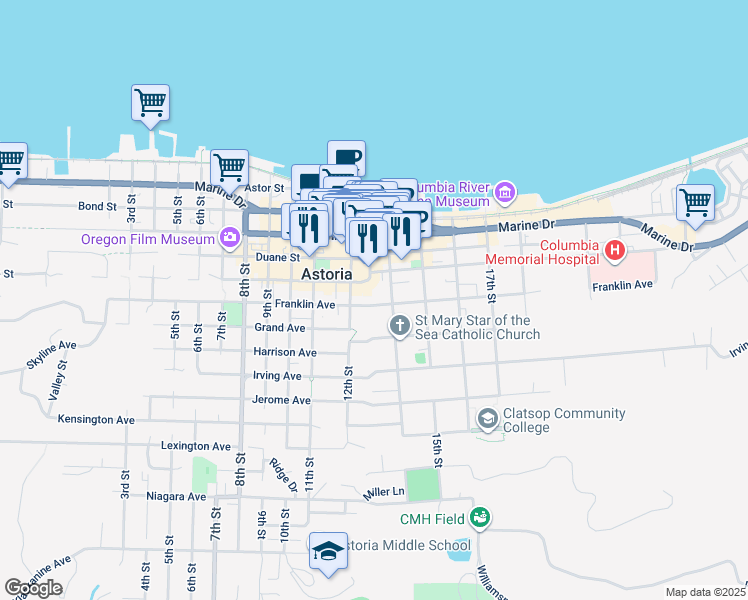 map of restaurants, bars, coffee shops, grocery stores, and more near 1320 Franklin Avenue in Astoria