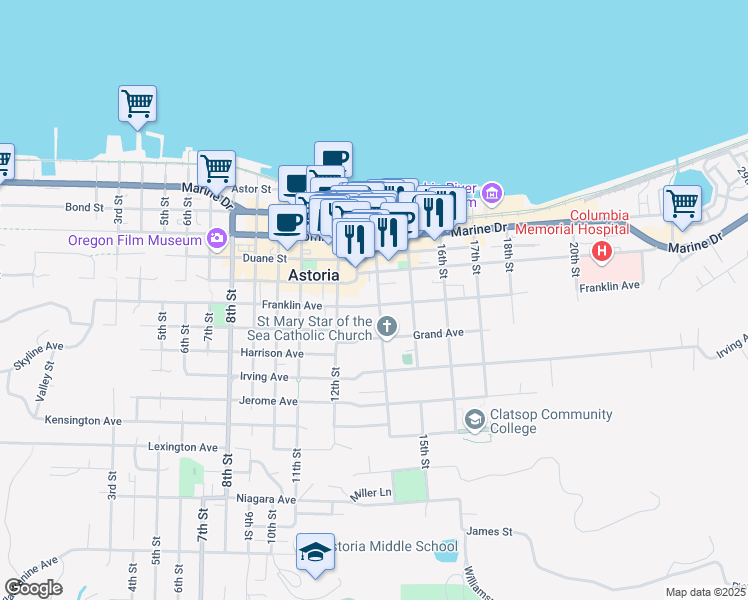 map of restaurants, bars, coffee shops, grocery stores, and more near 1388 Franklin Avenue in Astoria