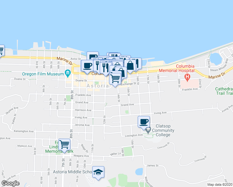 map of restaurants, bars, coffee shops, grocery stores, and more near 1388 Franklin Avenue in Astoria