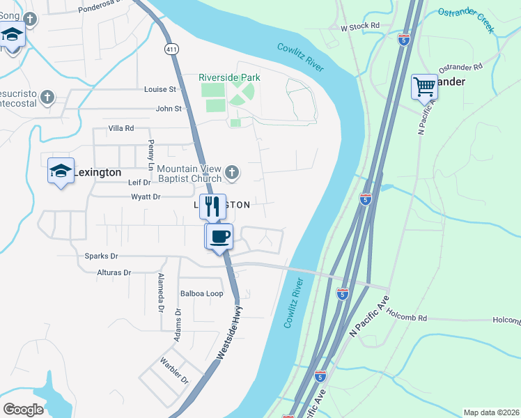 map of restaurants, bars, coffee shops, grocery stores, and more near 131 Cowlitz Drive in Kelso