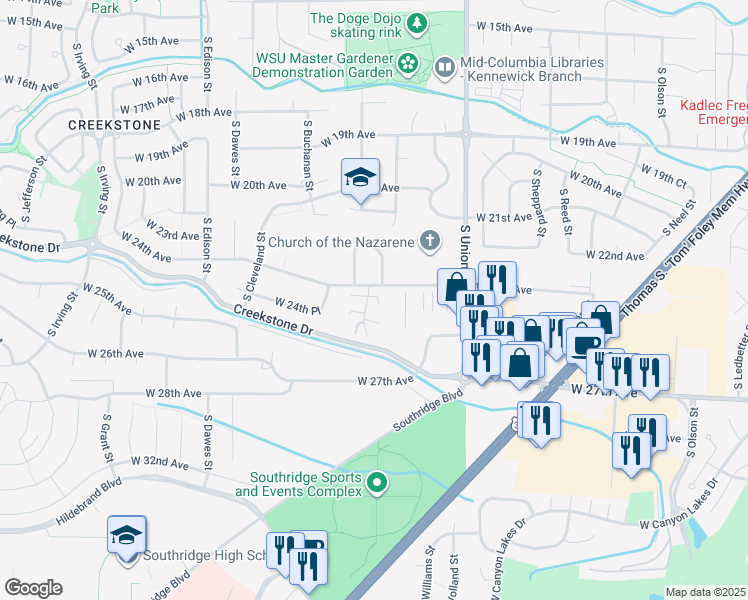 map of restaurants, bars, coffee shops, grocery stores, and more near 2421 South Arthur Court in Kennewick