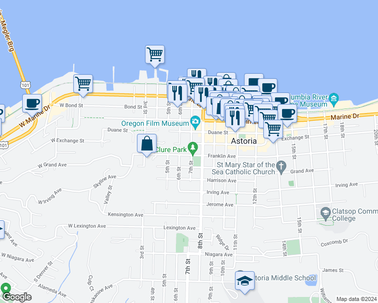map of restaurants, bars, coffee shops, grocery stores, and more near 690 Franklin Avenue in Astoria
