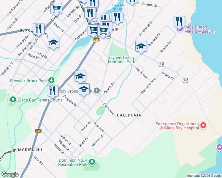 map of restaurants, bars, coffee shops, grocery stores, and more near 46 Quarry Road in Glace Bay