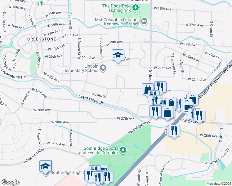 map of restaurants, bars, coffee shops, grocery stores, and more near 2105 South Arthur Loop in Kennewick