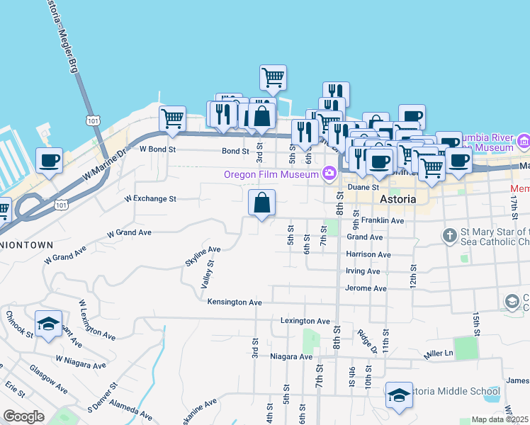 map of restaurants, bars, coffee shops, grocery stores, and more near 439 3rd Street in Astoria