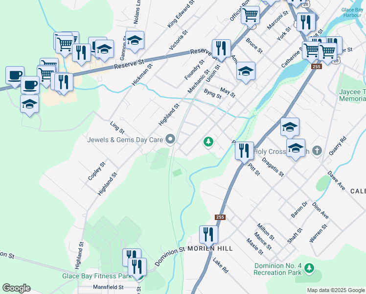 map of restaurants, bars, coffee shops, grocery stores, and more near 455 York Street in Glace Bay
