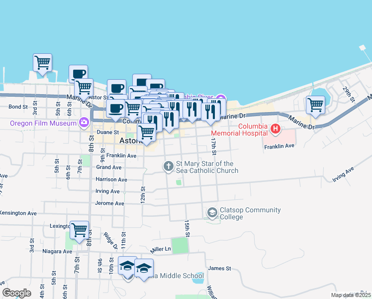 map of restaurants, bars, coffee shops, grocery stores, and more near 1528 Franklin Avenue in Astoria
