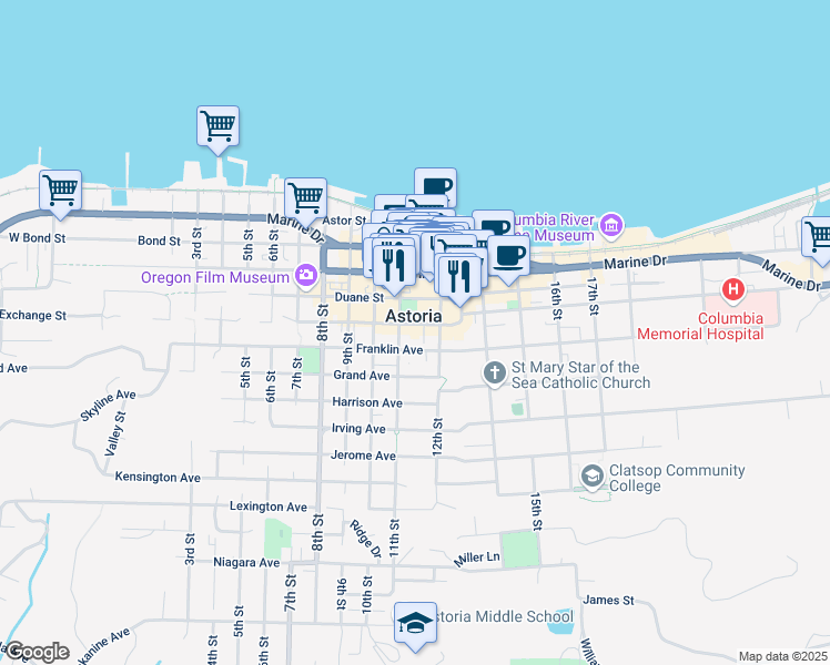 map of restaurants, bars, coffee shops, grocery stores, and more near 1139 Exchange Street in Astoria