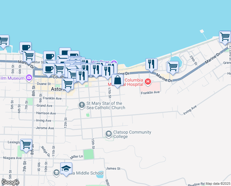 map of restaurants, bars, coffee shops, grocery stores, and more near 1775 Exchange Street in Astoria