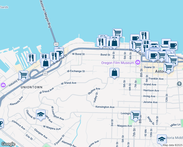 map of restaurants, bars, coffee shops, grocery stores, and more near 15 West Exchange Street in Astoria