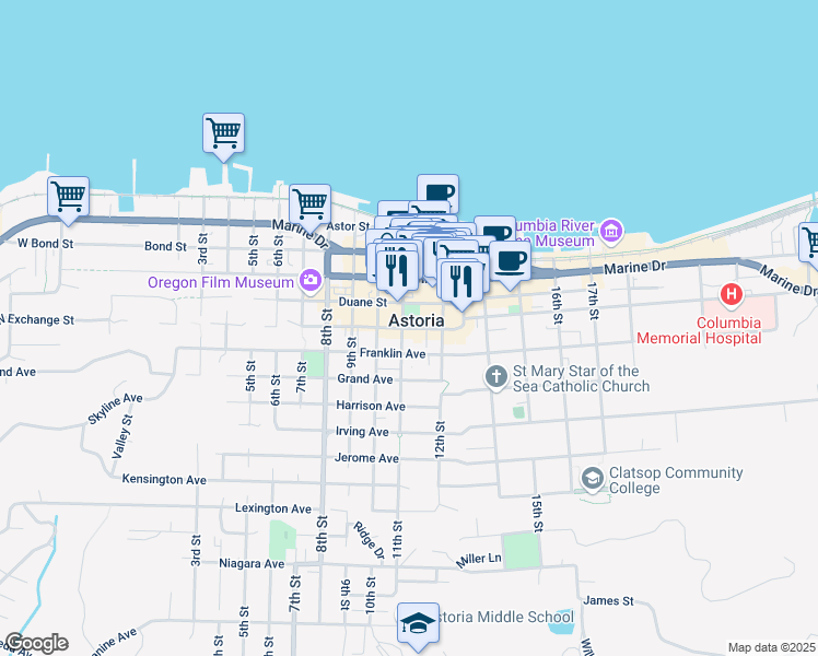 map of restaurants, bars, coffee shops, grocery stores, and more near 1132 Exchange Street in Astoria