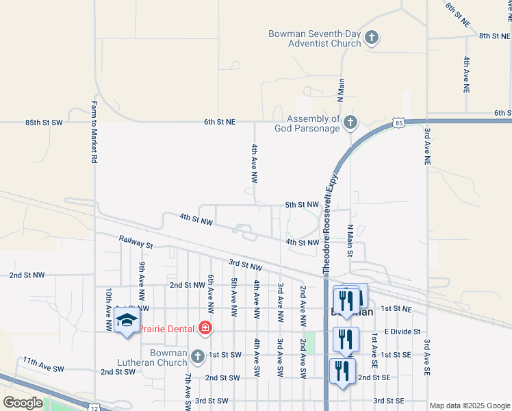 map of restaurants, bars, coffee shops, grocery stores, and more near 400 5th Street Northwest in Bowman