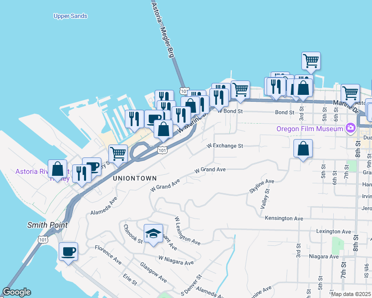 map of restaurants, bars, coffee shops, grocery stores, and more near 263 Alameda Avenue in Astoria