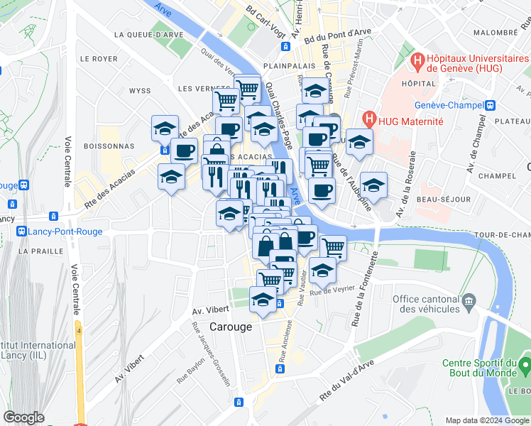 map of restaurants, bars, coffee shops, grocery stores, and more near 8 Place de l'Octroi in Carouge