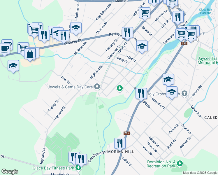 map of restaurants, bars, coffee shops, grocery stores, and more near 438 York Street in Glace Bay