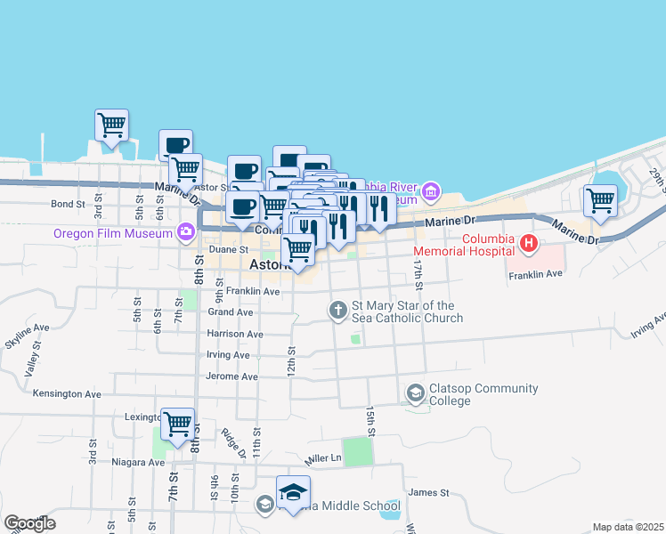 map of restaurants, bars, coffee shops, grocery stores, and more near 1450 Exchange Street in Astoria