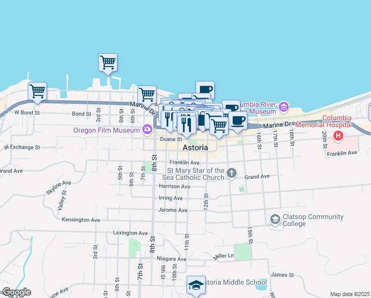 map of restaurants, bars, coffee shops, grocery stores, and more near in Astoria