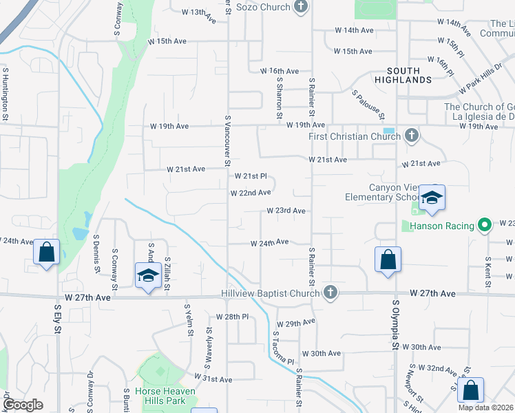 map of restaurants, bars, coffee shops, grocery stores, and more near 2000 West 23rd Avenue in Kennewick