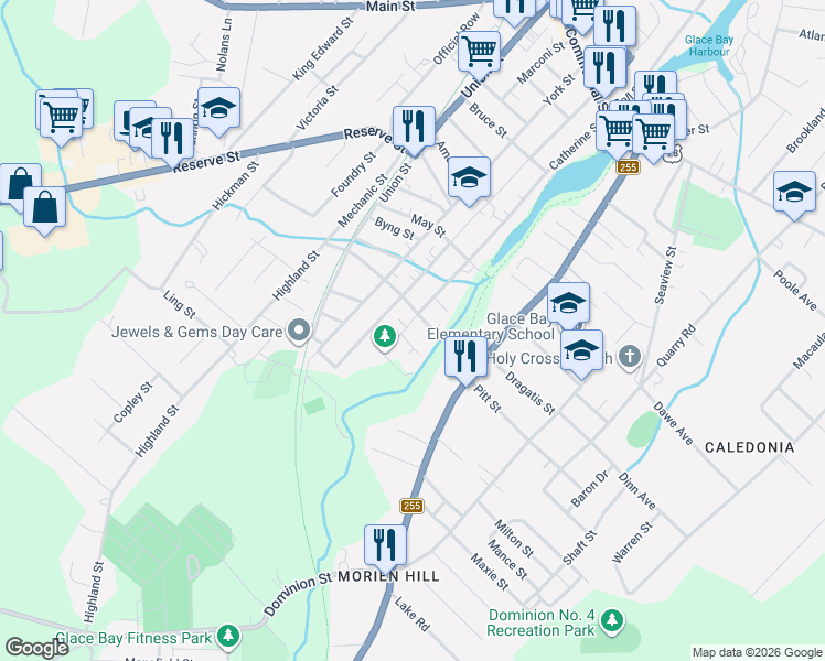 map of restaurants, bars, coffee shops, grocery stores, and more near 87 Park Street in Glace Bay
