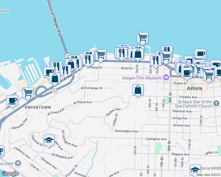 map of restaurants, bars, coffee shops, grocery stores, and more near 15 West Exchange Street in Astoria