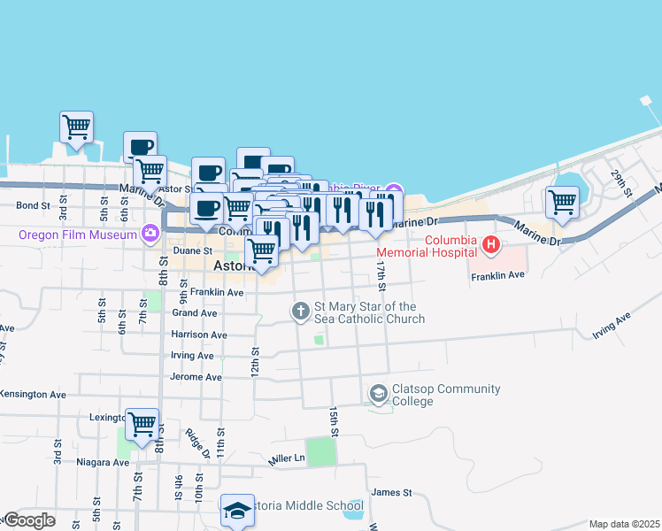 map of restaurants, bars, coffee shops, grocery stores, and more near 1527 Exchange Street in Astoria