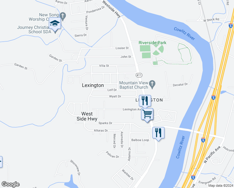 map of restaurants, bars, coffee shops, grocery stores, and more near 165 Wyatt Drive in Kelso